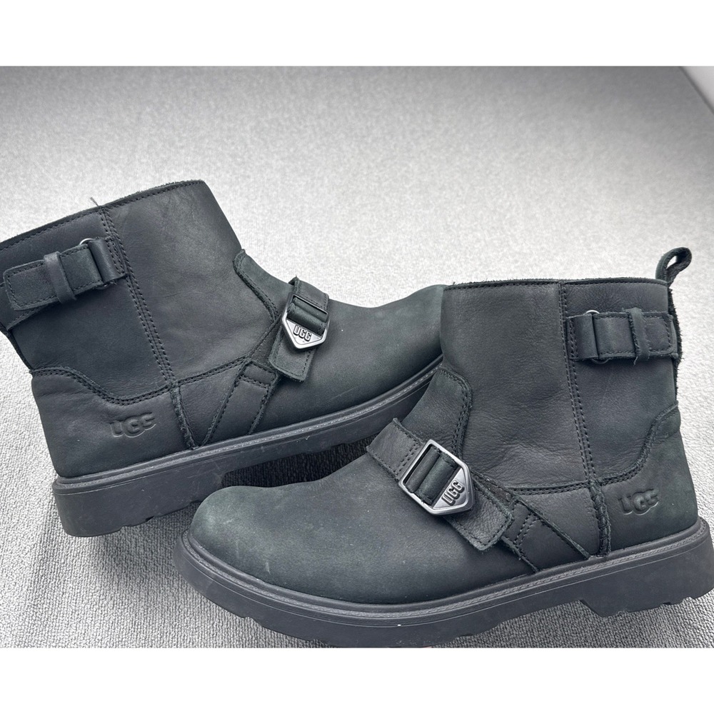 UGG Saoirse Black Leather Waterproof Moto Boots Buckle Details Women's‎ Size 6